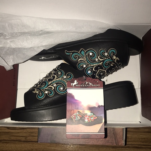 Montana West- studded cross black/turquoise platform wedge slip-on mule-NWT - Picture 4 of 11